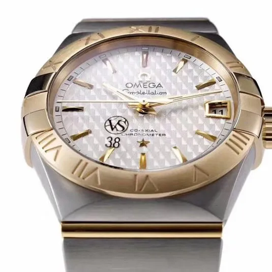 super cloneOmegayellow goldwhite dialdate displayvs constellation temperament 8500 mechanical watch front view