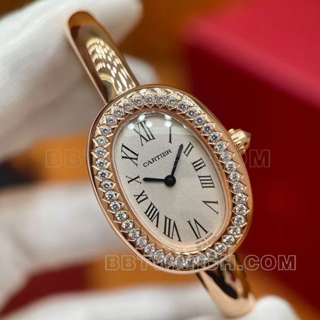 Optimal Watch BBA Factory Bathtub Cartier White Dial Rose Gold Diamond Bezel Quartz Front Real Shot