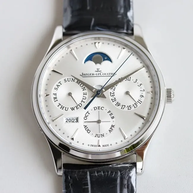 TW factory Jaeger-LeCoultre perpetual calendar top-tier watch men's black dial black belt master series fully automatic movementleather strap watch front view