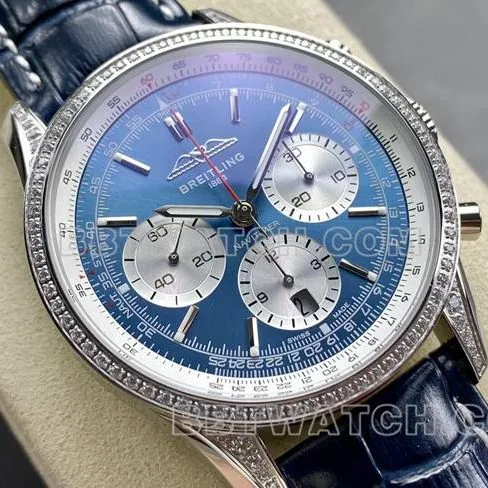 collectible watch BLS factory Breitling aviation chronograph diamond blue dialleather strap model front live photo