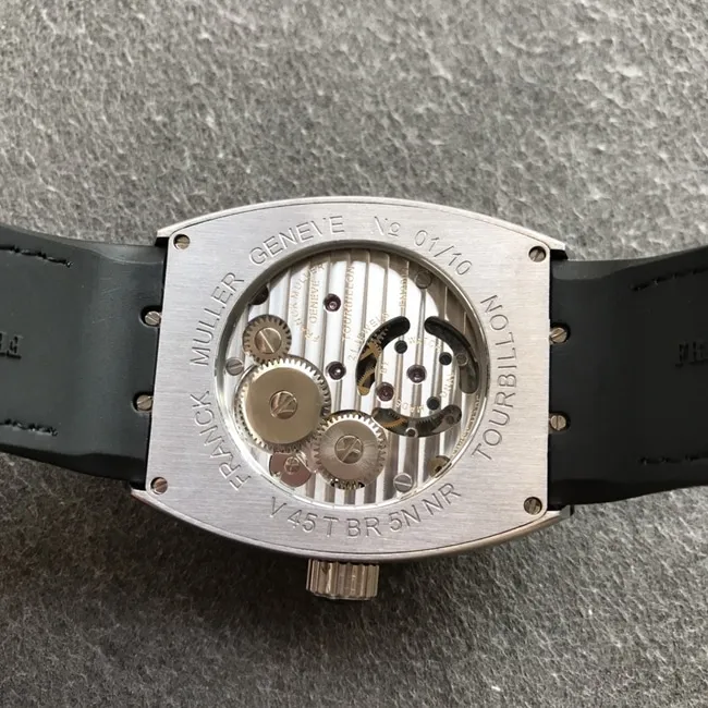 Top-tier watch Frank Muller men's black dial black belt V45 Pioneer series tourbillon mechanical leather strap watch front view