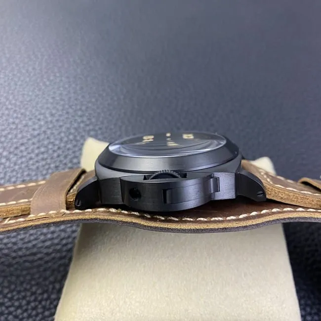 HW F factory Paneraitop-tier watch men's black dial brown belt manual winding mechanical leather strap back cover picture