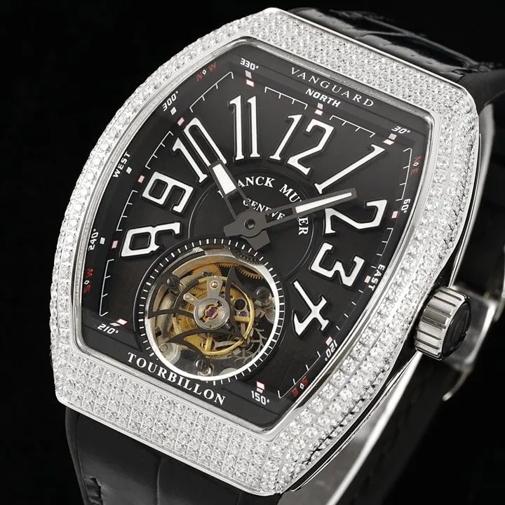 RMS factory Frank Muller men's watch black dial diamond flywheel leather strap model V 45 T D (NR) front live photo