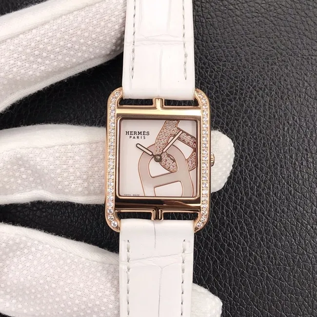 YF factory top-tier watch Hermès women's white dial white belt leather strapquartz watch front view