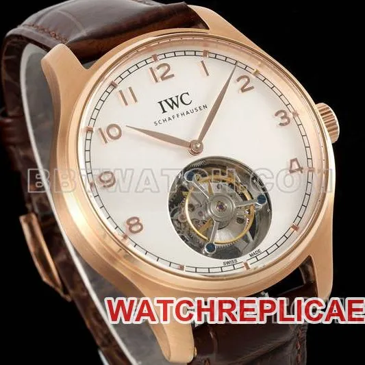 IWC collectible watch RMS factory Portugal white dialrose goldtourbillon mechanical leather strap model front live photo