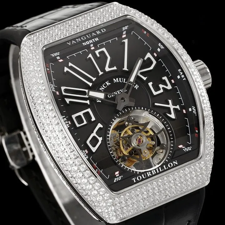 RMS factory Frank Muller men's watch black dial diamond flywheel leather strap model V 45 T D (NR) front live photo