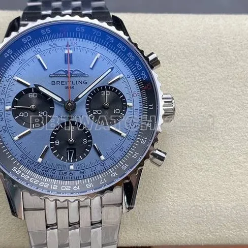 collectible watch BreitlingBLS factory aviation chronograph blue dialsteel bracelet front live photo