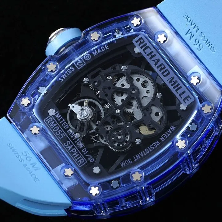 Richard Mille men's top-tier 1:1high-quality watch blue transparent hollow plate blue rubber model RM35-01braceletlive photos