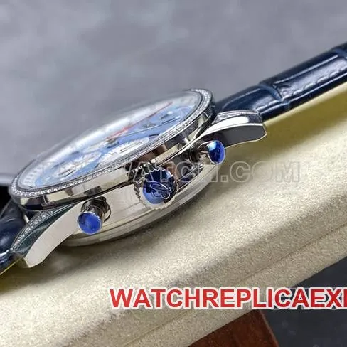 watch BLS factory Breitling aviation chronograph diamond light blue dialleather strap model front live photo