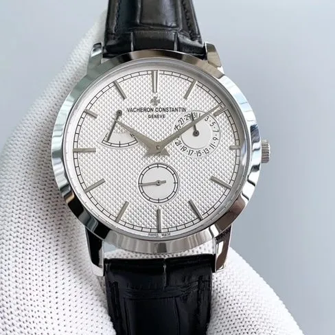 TWS factory Vacheron Constantintop-tier watch men's white dial black belt inheritance series round mechanical leather strap watch front view
