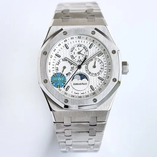 WWE factory top-tier replicaAudemars Piguetsuper watch men's white dialRoyal Oak26574ST series mechanical steel bracelet watch front view
