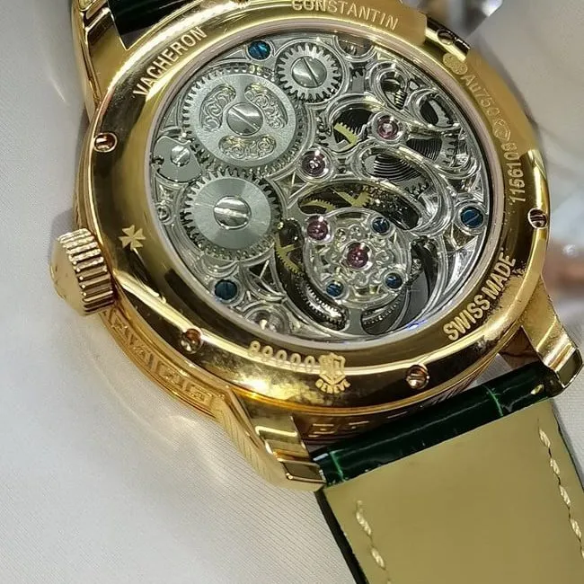 top-tier watch Vacheron Constantin men's black dial green strap tourbillon mechanical leather strap watch detail shots