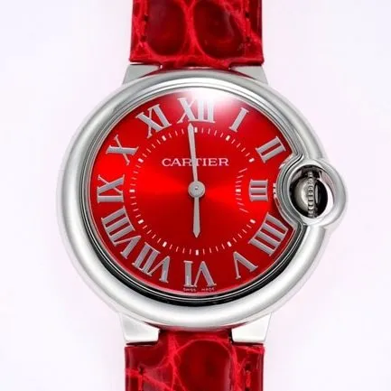 top-tier replicaCartier women's red plate red band blue balloon series quartzleather strap watch front view