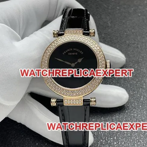 Franck Muller top-tier watchquartzABF factory black dial gold diamond bezel black leather braceletfront live photo