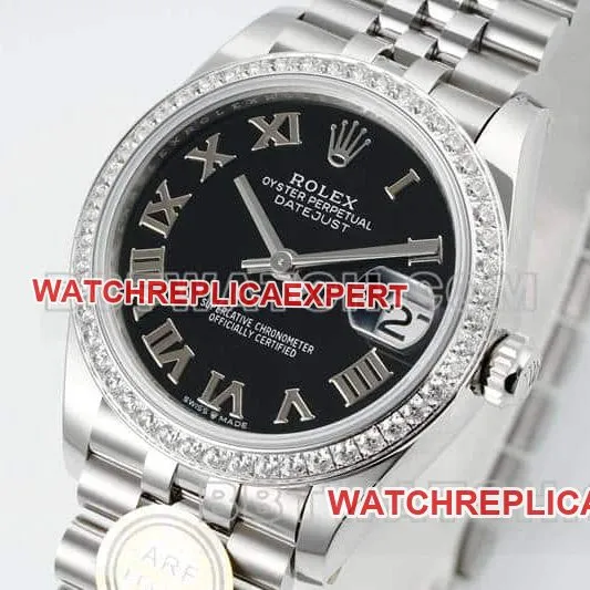 ARF factory Rolex log top imitation black plate Roman numerals diamond ring 31mm five compartment links 278289 front real photo