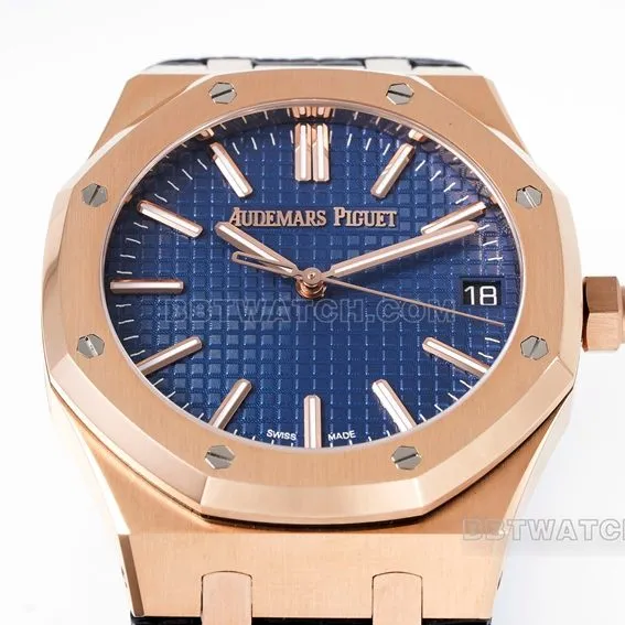 APS factory Audemars PiguetRoyal Oaktop-tier 1:1high-quality replicablue dialrose goldleather strap model 15510OR.OO.D315CR.02front live photo