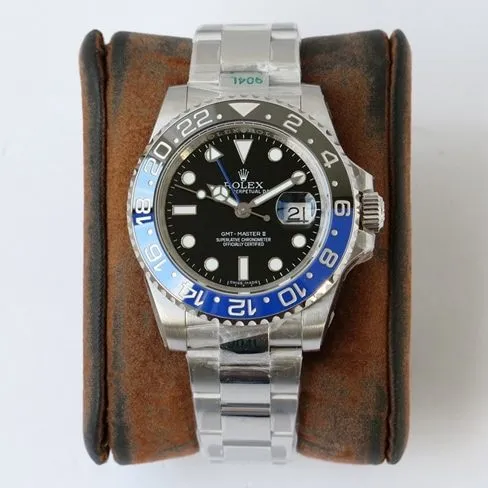GS factory top-tier replicaRolex1:1 watch men's black dialGMT-Master type II GMT series automatic movementsteel bracelet watch front view