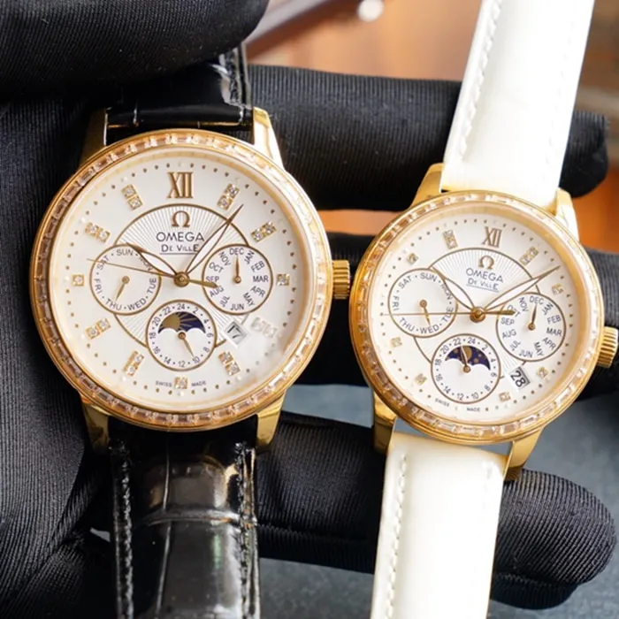 Omega complex function chronograph series perpetual calendar couple watch front view