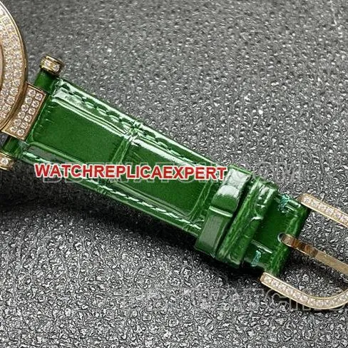 Franck Muller quartz collectible watch ABF factory diamond disc gold diamond bezel green leather braceletfront live photo