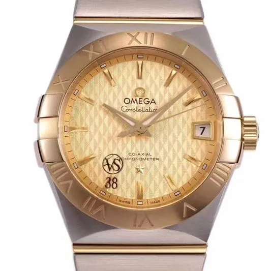 Omegasuper temperament model vs Constellation rose gold plate temperament model 8500 mechanical watch front view