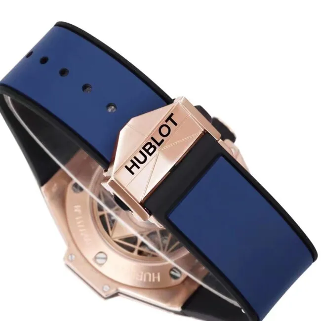 Top blue dial Hublot watch, new II Tattoo second generation wristwatch side view