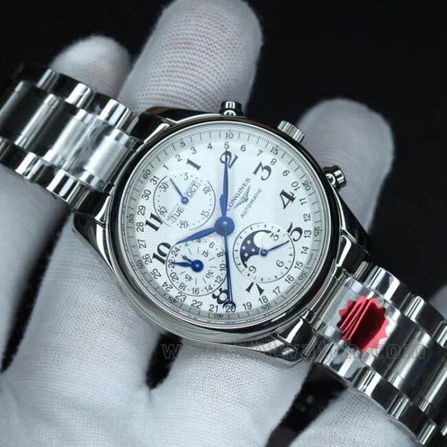 KL factory top-tier watch Longines famous craftsman series eight-pin moon phase 40 diameter steel bracelet men's white dial automatic movement watch front view