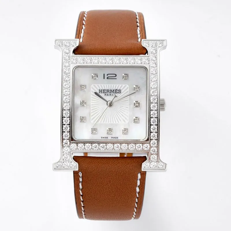 Hermès top-tier watch HeureH three-hand series ladies leather strapwhite dialdiamond watch front view