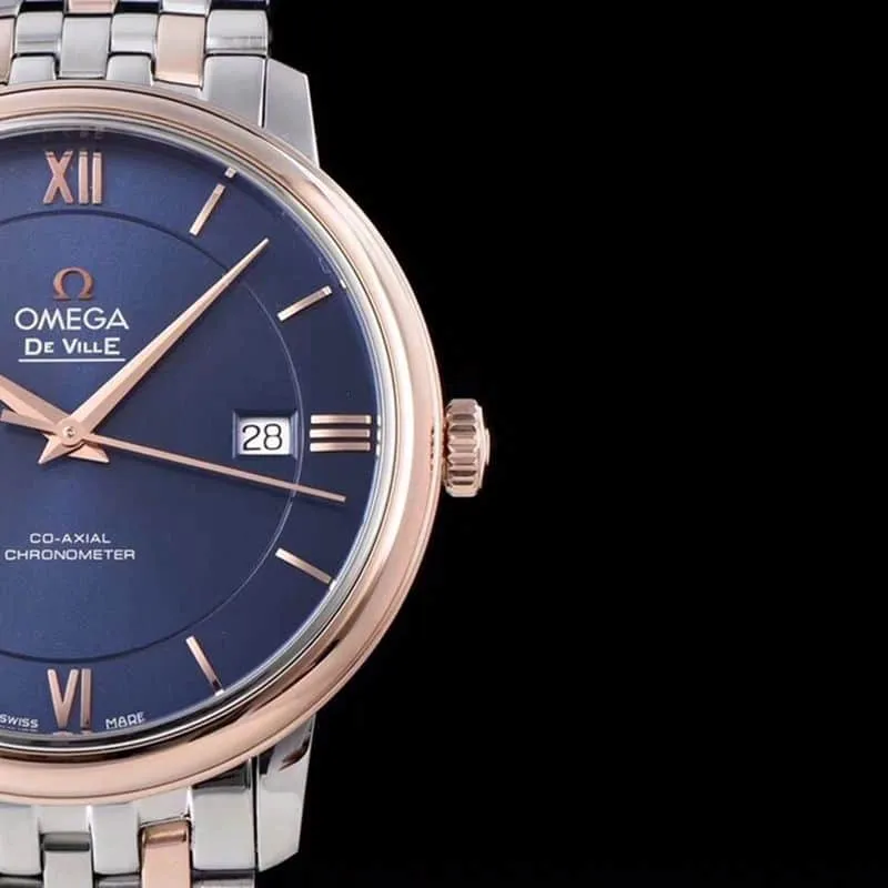 replicaOmega watch De Ville series men's mechanical ultra-thin watch rose goldsteel bracelet blue face front view