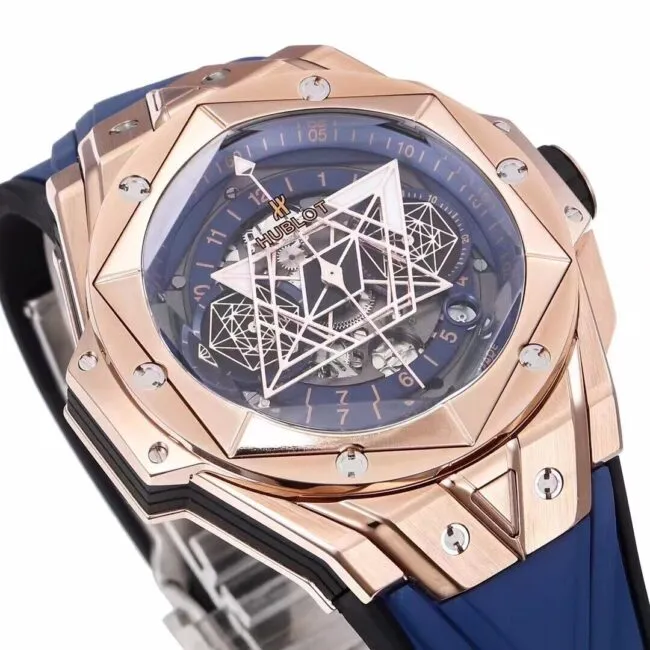 Top blue dial Hublot watch new II tattoo second generation wristwatch front view