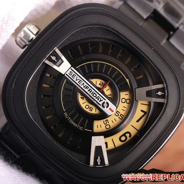 watch seven day display five SEVENFRIDAY/automatic movementmen's watch Swiss steel bracelet large dial all black front view