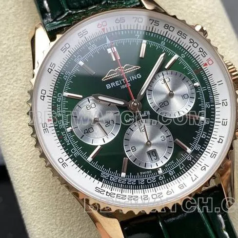 collectible watch BLS factory Breitling aviation chronographrose goldgreen dialleather strap front live photo