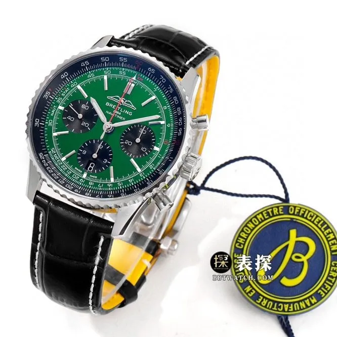 BLS Aviation Chrono Breitling Watch Men's Deep Green Dial Leather Strap AB0137241L1P1 Front Real Shot Photo