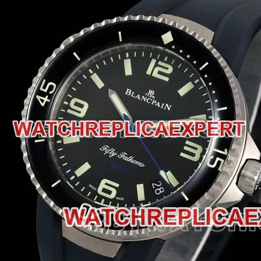 Blancpain watch fifty fathoms black dial blue needle titanium mechanical black rubber front live photo