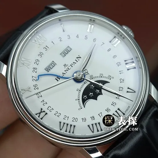 OM classic Blancpain1:1replica watch silver white dialmoon phaseleather strap model 6654-1127-55Bfront live photo