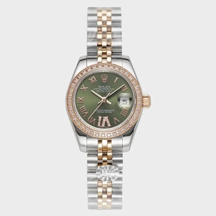 top-tier watch Rolex women's green dial Date just steel bracelet watch front view