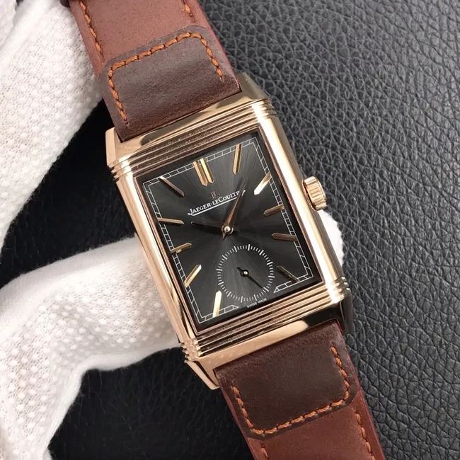 MG factory Jaeger-LeCoultretop-tier watch flip series men's black dial brown belt manual mechanical leather strap watch side view
