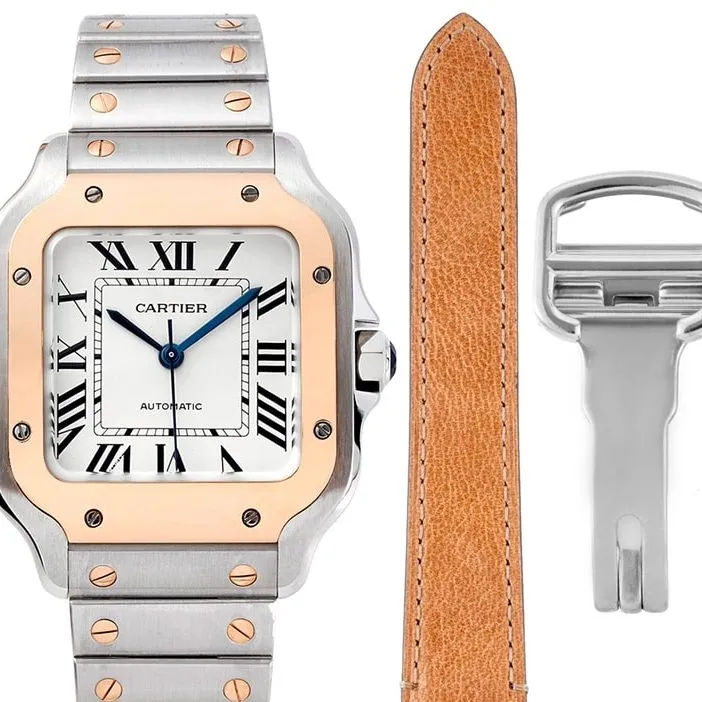 Cartiertop-tierhigh-quality watch Santos series ladies steel braceletwhite dial rose gold watch side view
