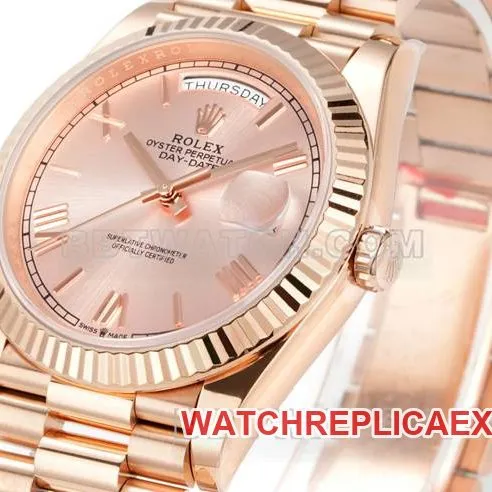 collectible watch Day-DatePPM factory Rolex mechanical pink dial Roman numerals rose goldfront live photo