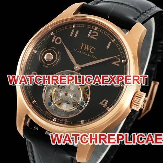 IWC1:1replica watch RMS factory Portugal black dialrose goldtourbillon mechanical leather strap model front live photo