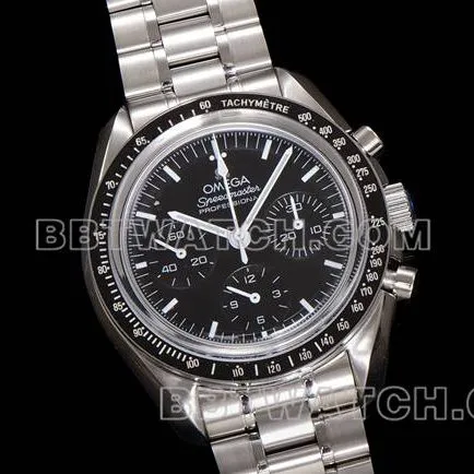 collectible watch N1 factory Speedmaster Omegablack dialsteel bracelet front live photo