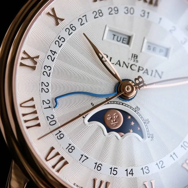 Blancpain top watch classic 6654 moon phase display series men's white dial brown strap watch front view