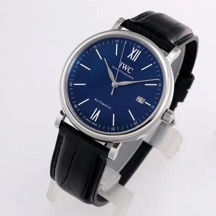 V7 factory top-tier replicaIWC high-quality watch men's blue dial black belt wave Fino series automatic movementleather strap watch front view