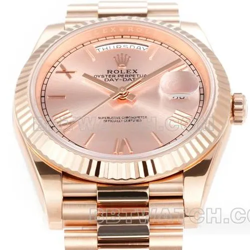 collectible watch Day-DatePPM factory Rolex mechanical pink dial Roman numerals rose goldfront live photo