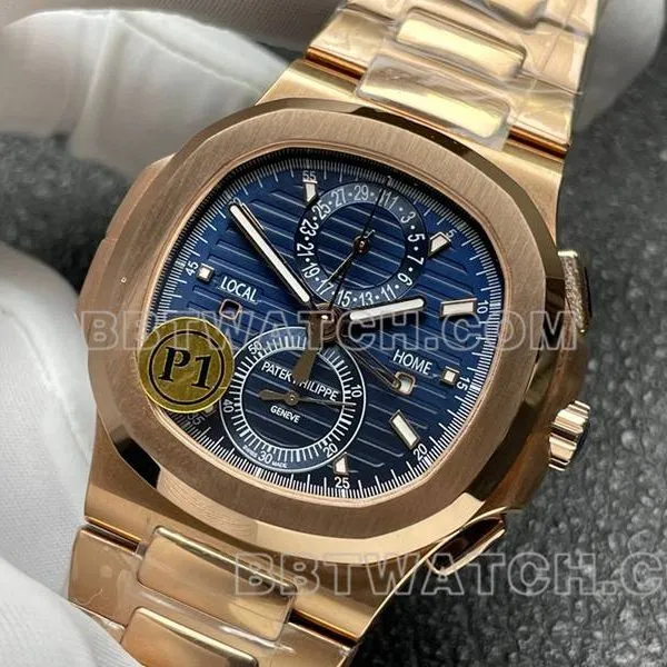 Patek Philippe Watch Sport Elegant Blue Dial Mechanical Rose Gold Steel Strap Model 5990 Front view