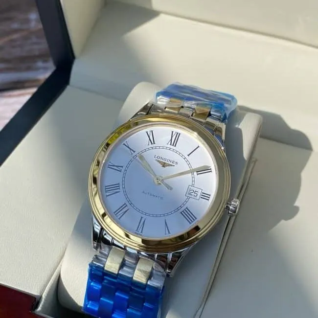 top-tiersuper cloneLongines military flag series white steel Swiss carved movement couple watch front view