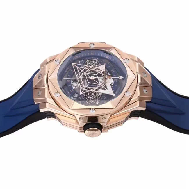 Top blue dial Hublot watch new II tattoo second generation wristwatch front view