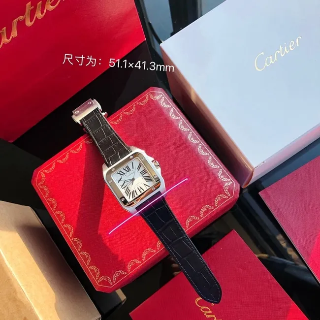top-tier watch Cartier men's white dial black belt fully automatic movementleather strap watch front view