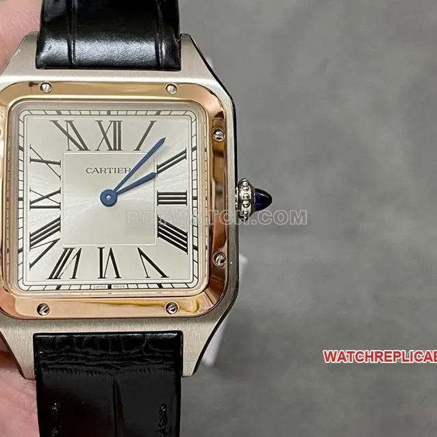 F1 Factory Cartier Santos Top Silver Dial Rose Gold Bezel Medium Model W2SA0011 Front Real Shot Photo