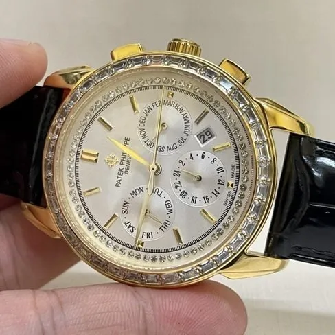 top-tier watch Patek Philippe women's white dial black belt complex chronograph function series leather strap watch front view