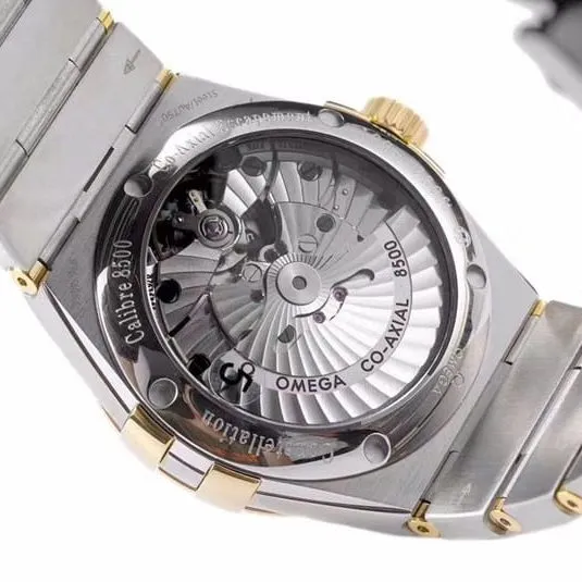 super cloneOmegayellow goldwhite dialdate displayvs constellation temperament 8500 mechanical watch side view